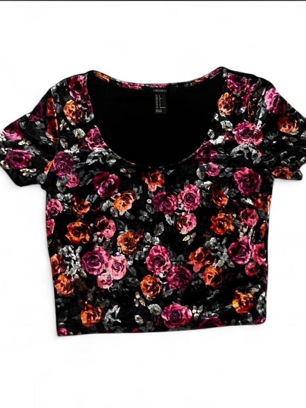 Forever 21 Black Floral Scoop Neck Crop Top - Pink & Orange Roses